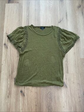 J. Crew Olive Green Linen Puff Sleeve Eyelet Tee